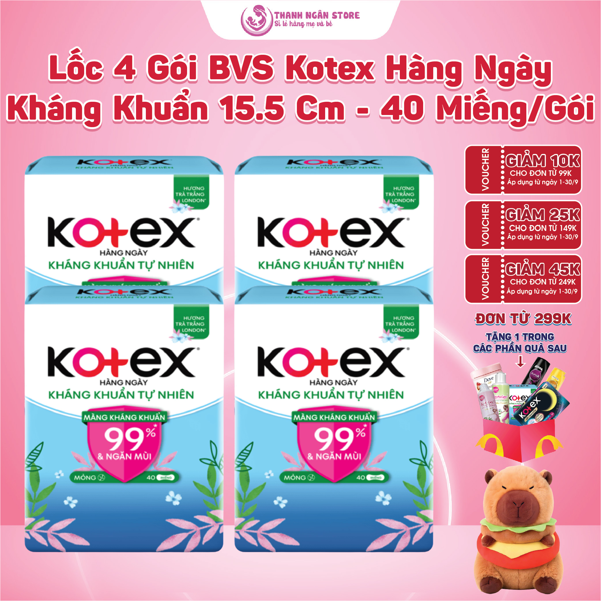 Lốc 4 Gói Băng vệ sinh Kotex hằng ngày kháng khuẩn - Gói Lớn 40 miếng - băng vệ sinh hàng ngày - Kho Bỉm Thanh Ngân