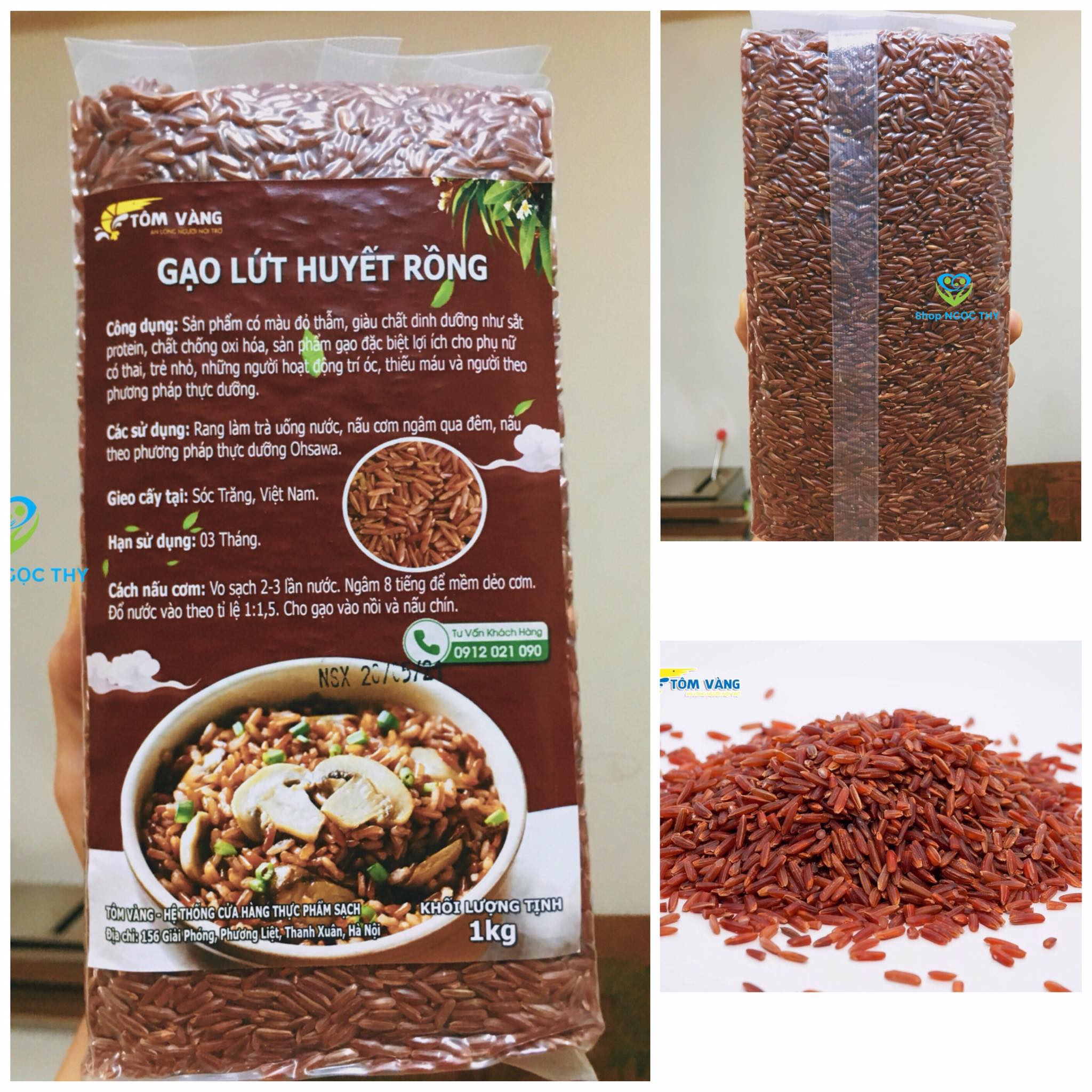 Gạo lứt huyết rồng Tôm Vàng gói 1kg, gạo ăn ráo cơm