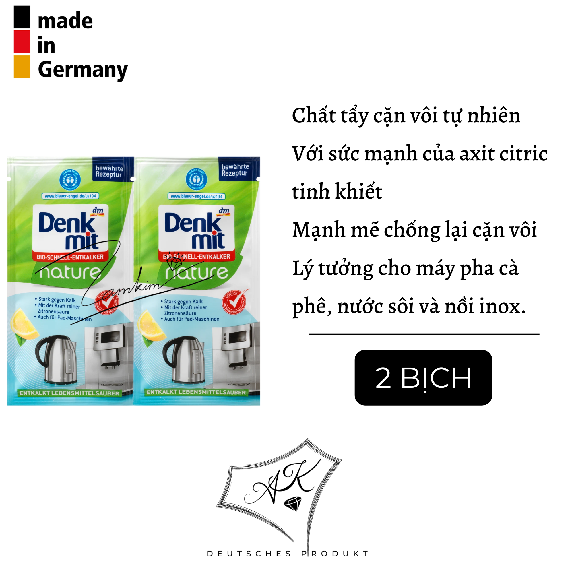 Bột tẩy cặn ấm siêu tốc, máy pha cà phê - Denkmit - Set 2 gói 25gr