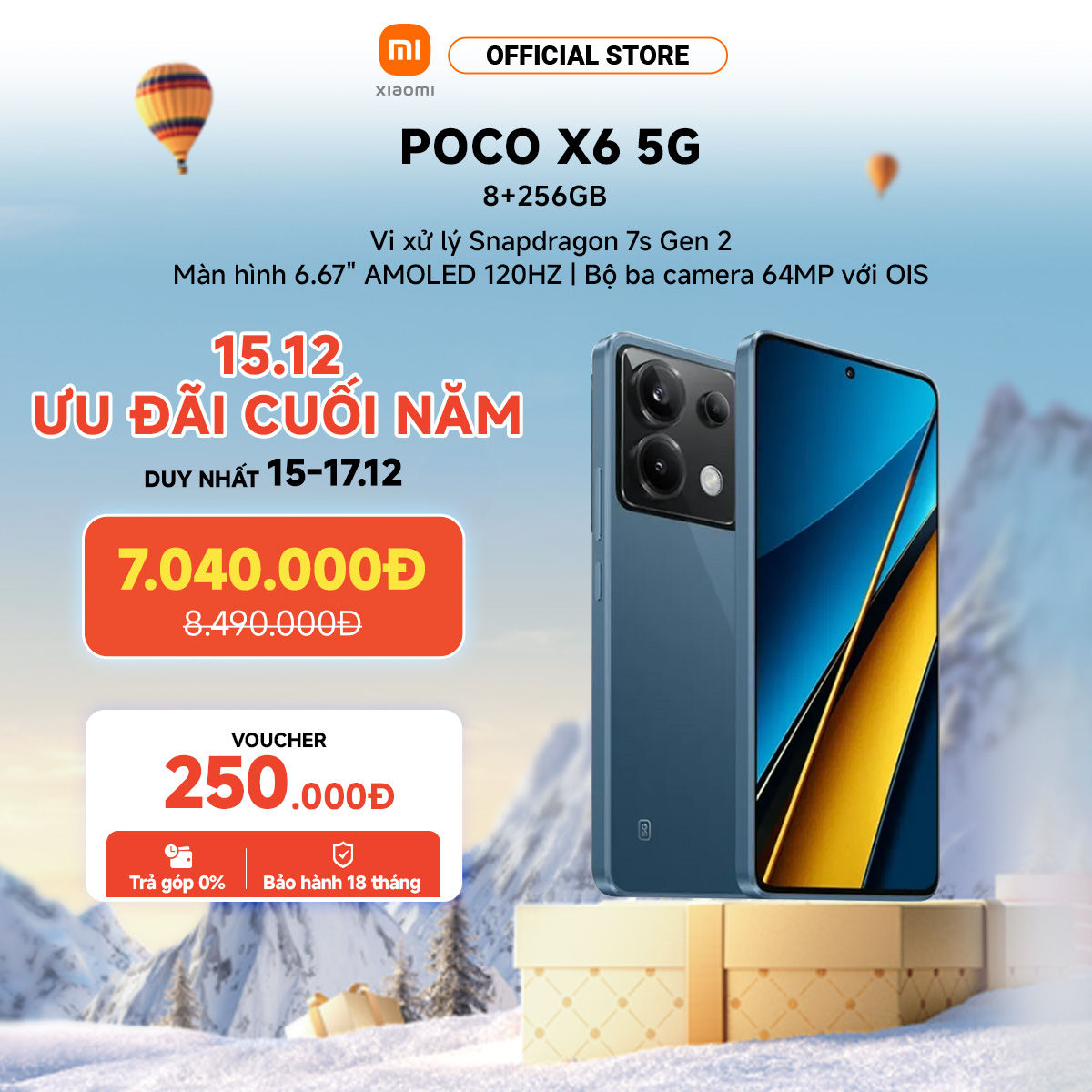 Điện thoại thông minh POCO X6 5G (8+256GB | 12+256GB) | AMOLED 120Hz | Snapdragon 7s Gen2 | 3 Camera 64MP | 5100mAh