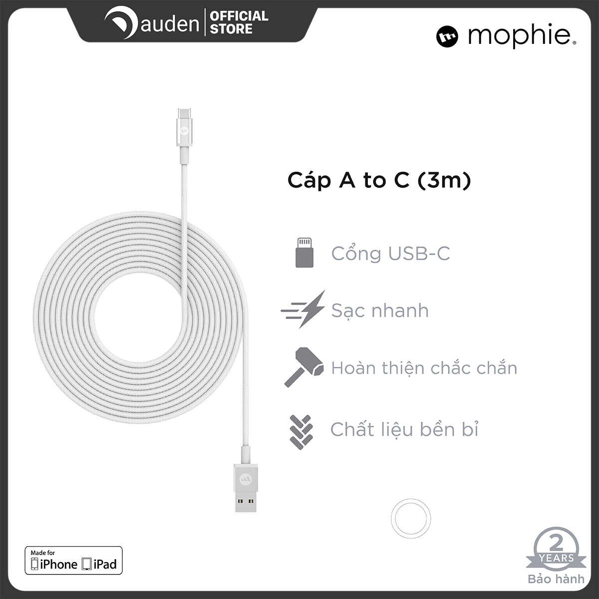 Cáp usb-c mophie 3m - hàng chính hãng