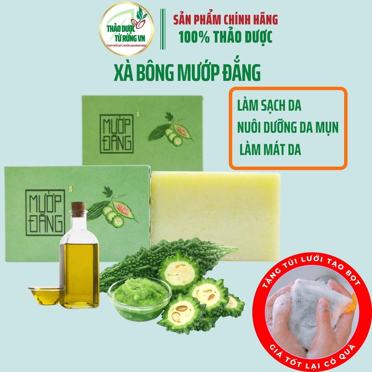 Xà Bông Mướp Đắng Sinh Dược [TẶNG TÚI LƯỚI] Xà Bông Handmade An Toàn Từ Khổ Qua Tinh Dầu Thiên Nhiên 100g TDTRVN