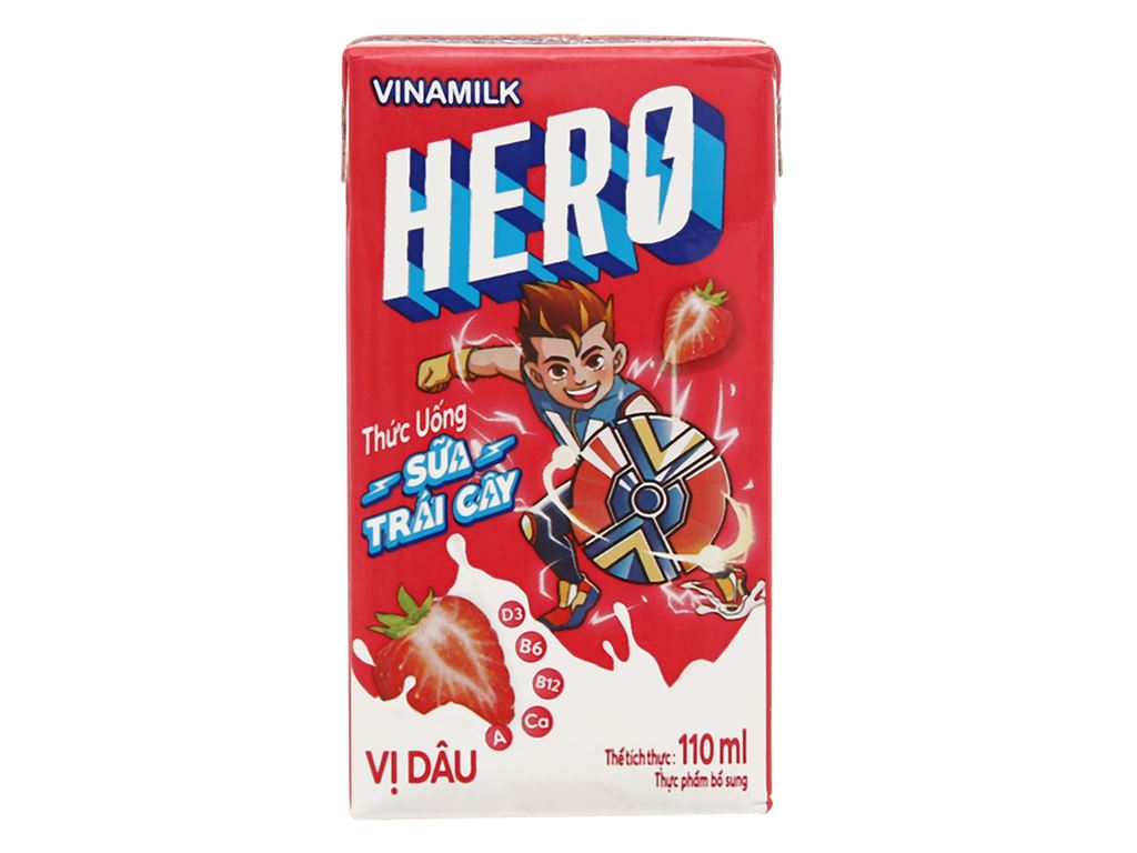 Lốc 4 hộp sữa trái cây Vinamilk Hero vị dâu 110ml