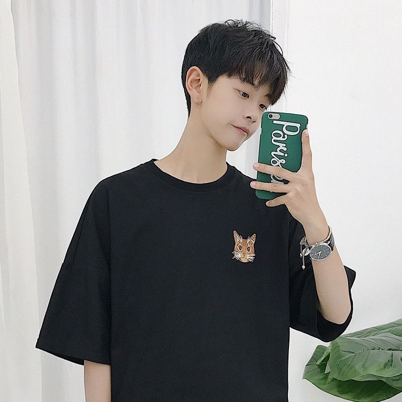Men's T-Shirt, Round Neck, Short Sleeves, Korean Style, Suitable for Summer, Loose Fit, Student Style