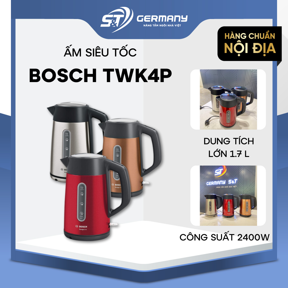 Ấm siêu tốc bosch twk4p 3 màu bạc, vàng, đỏ 1.7 lít nội địa đức, bình siêu tốc chất lượng cao gstelectronic