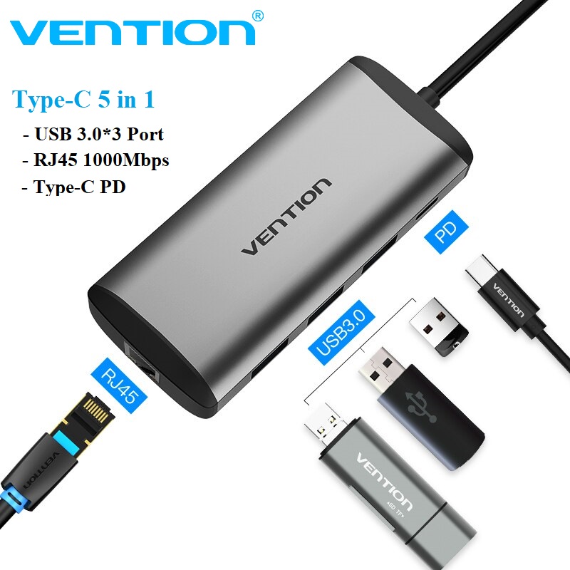 Hub usb type c 5 in 1. hub 3 cổng usb 3.0 kèm cổng lan rj45 gigabit hàng chính hãng vention