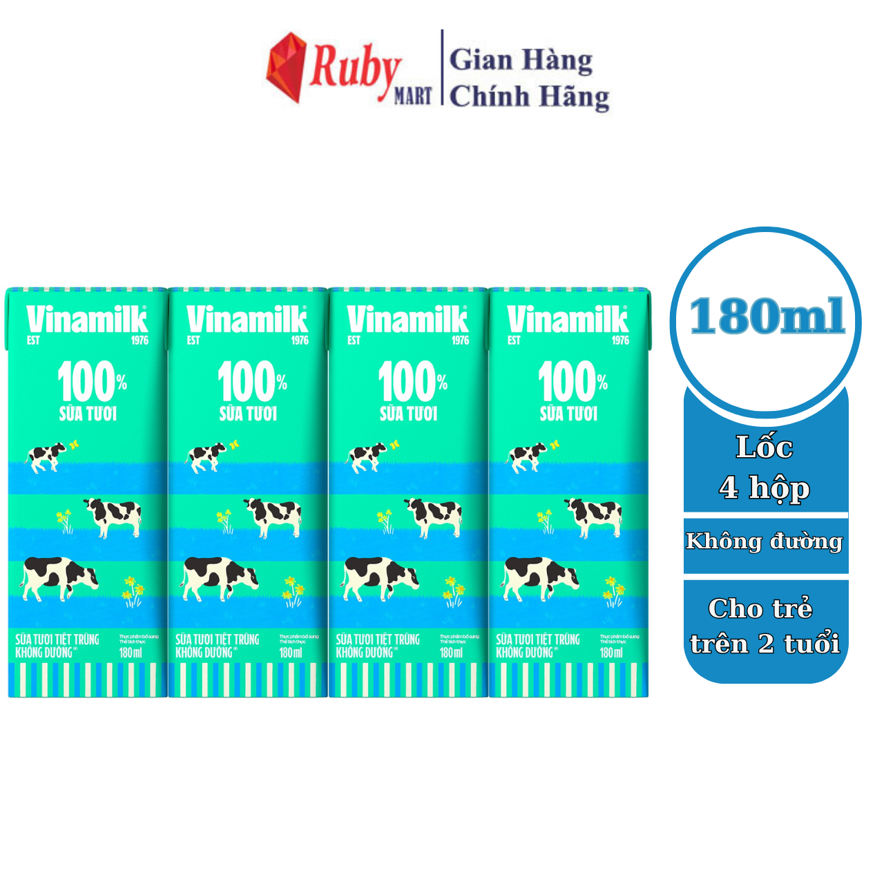 Lốc 4 Hộp Sữa tươi tiệt trùng Vinamilk 100% Không Đường 180ml