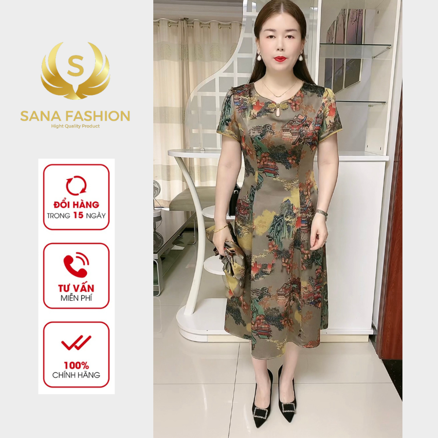 Đầm váy trung niên cho mẹ sang trọng chất lụa Latin