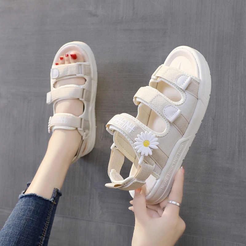 (Video) Sandal nữ,sandal học sinh hoa cúc 3 quai dán vải mềm thời trang