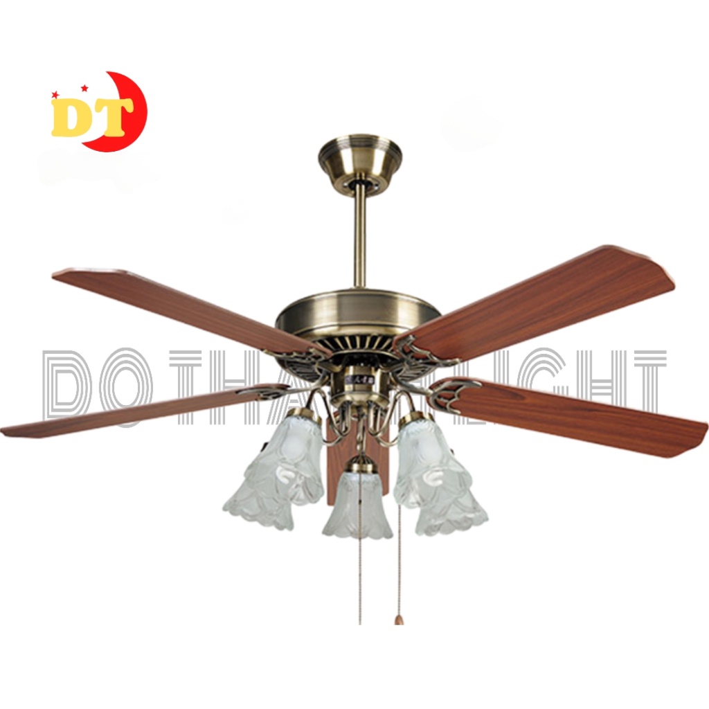 Quạt trần đèn chùm cánh gỗ điều khiển từ xa trang trí làm mát phòng khách hiện đại cao cấp DHT