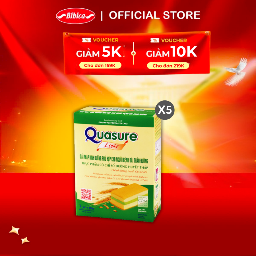 Combo 5 Bánh Bông Lan Quasure Light Dâu Bibica 126g - Thực phẩm dành cho người ăn kiêng, tiểu đường