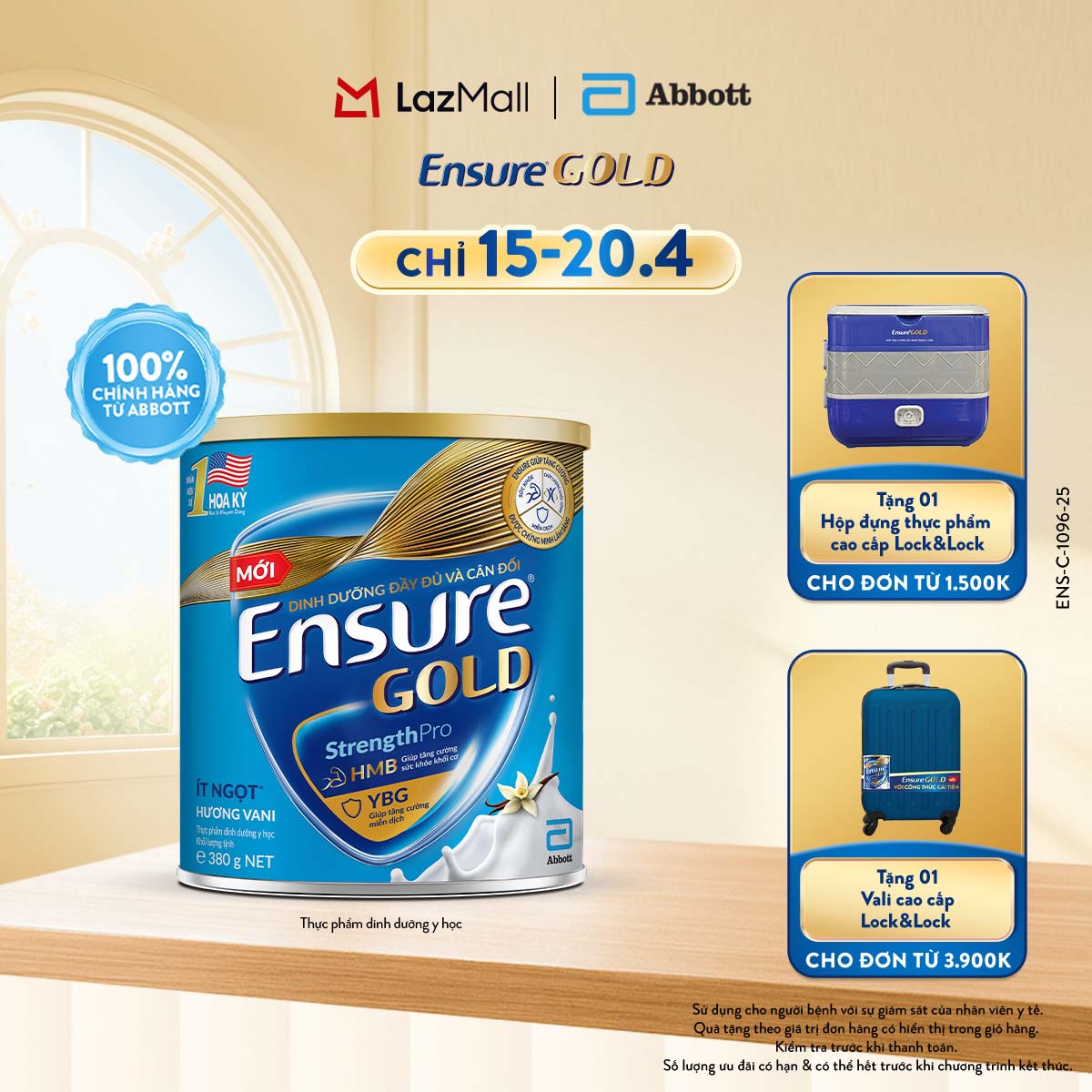 [CHỈ 15-20.04 QUÀ TẶNG CHO ĐH 1500K-SLCH] Lon sữa bột Ensure Gold hương vani ít ngọt 380g