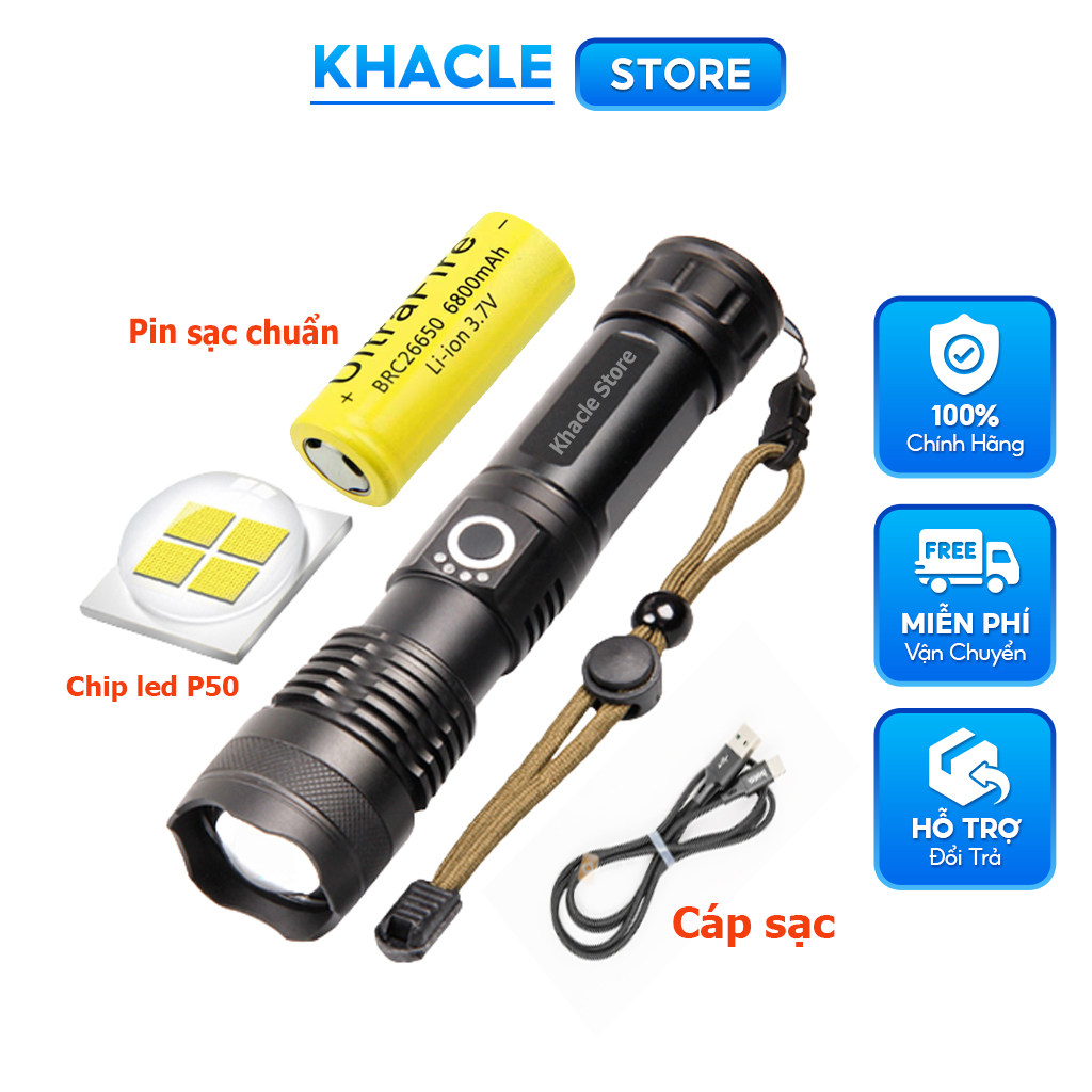 Đèn pin cầm tay siêu sáng chiếu xa XHP50 pin sạc vàng-Đèn pin mini chống nước