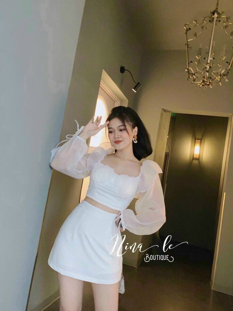 Set váy rời áo tay dài phồng croptop cổ vuông chân váy chữ A #setvayaotayphong