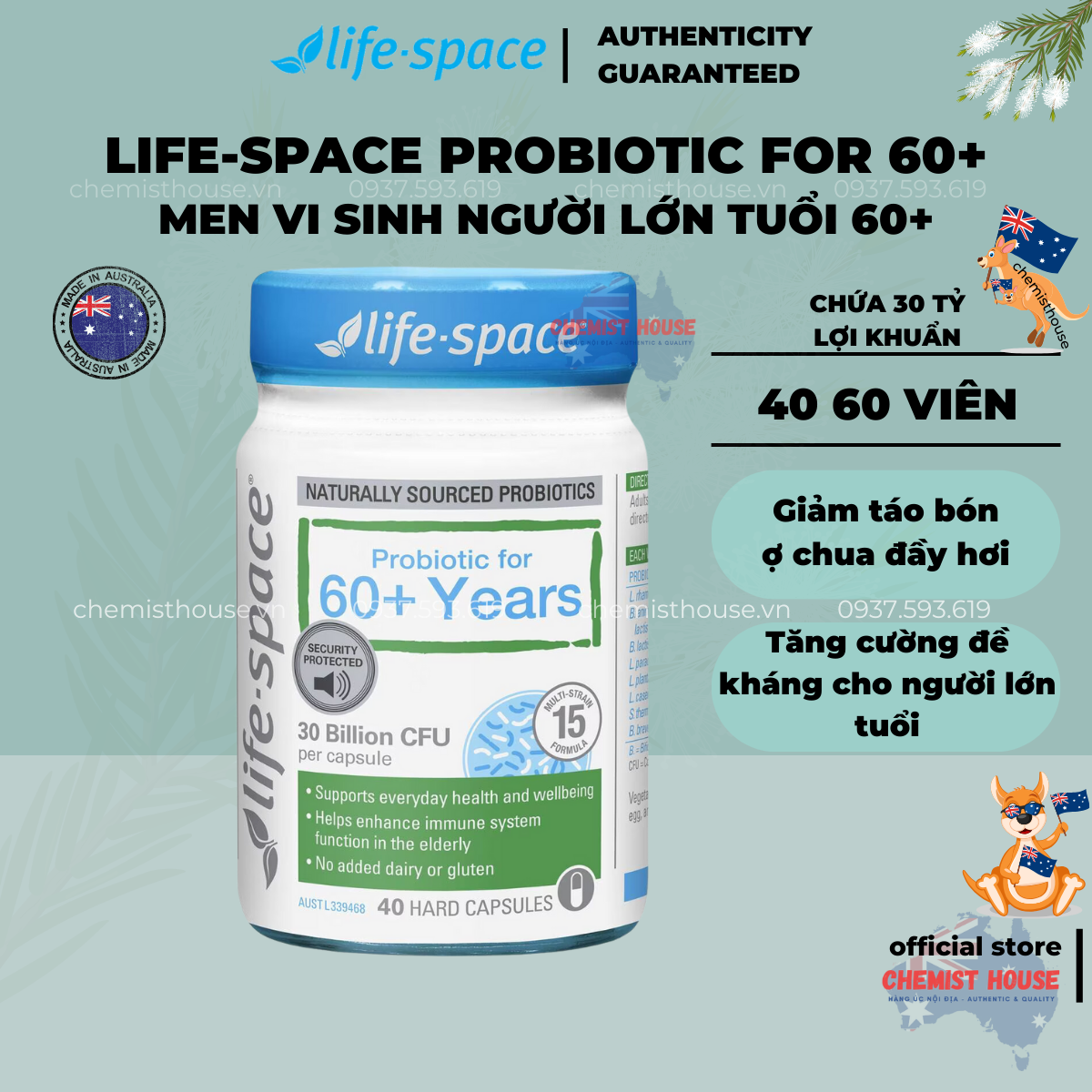 Men vi sinh Úc Life Space 60+ hỗ trợ tiêu hóa dành cho người lớn tuổi Probiotic 40 viên hàng nhập chính hãng Úc