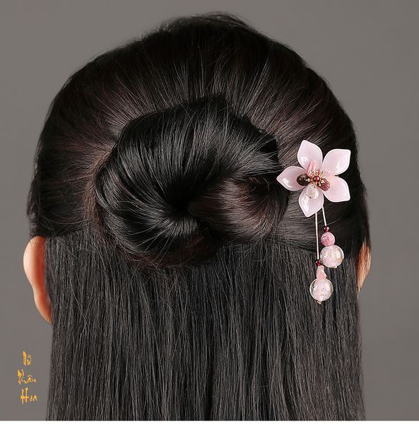 Td026 trâm cài tóc kim loại hoa anh đào kết hợp đá lưu ly, thạch lựu phong cách cổ trang