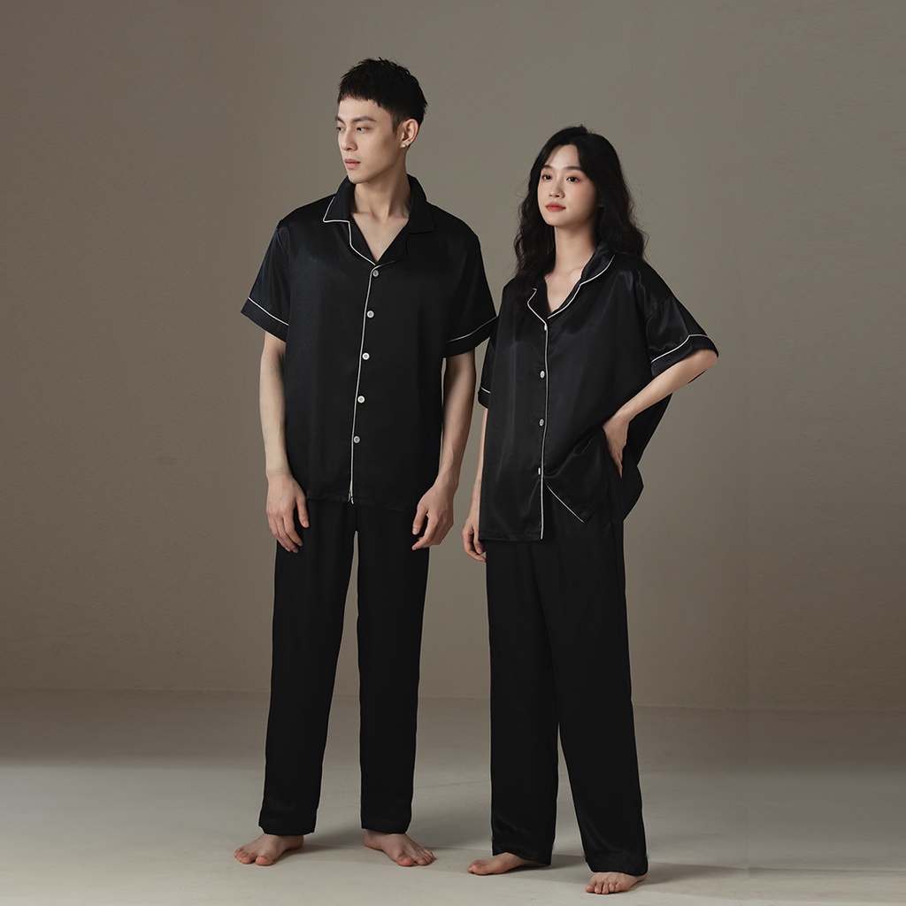 Bộ pijama nam nữ, bộ đồ ngủ cộc tay chất liệu lụa satin mềm mại