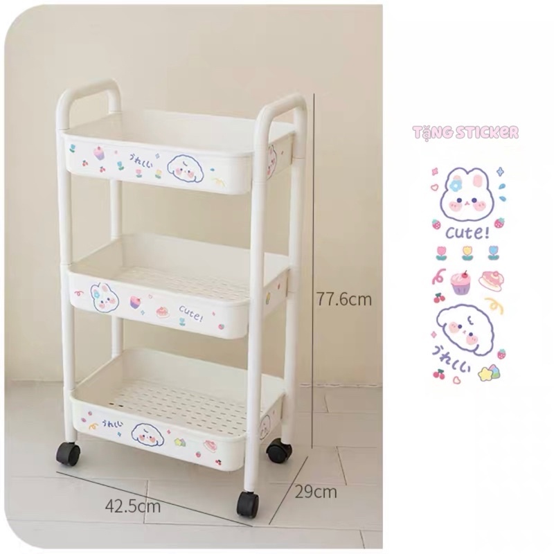 Kệ Đựng Đồ Đa Năng 3 tầng , Giỏ Để Đồ 4 Tầng Có Bánh Xe Di Chuyển Tặng Kèm Sticker Dễ Thương