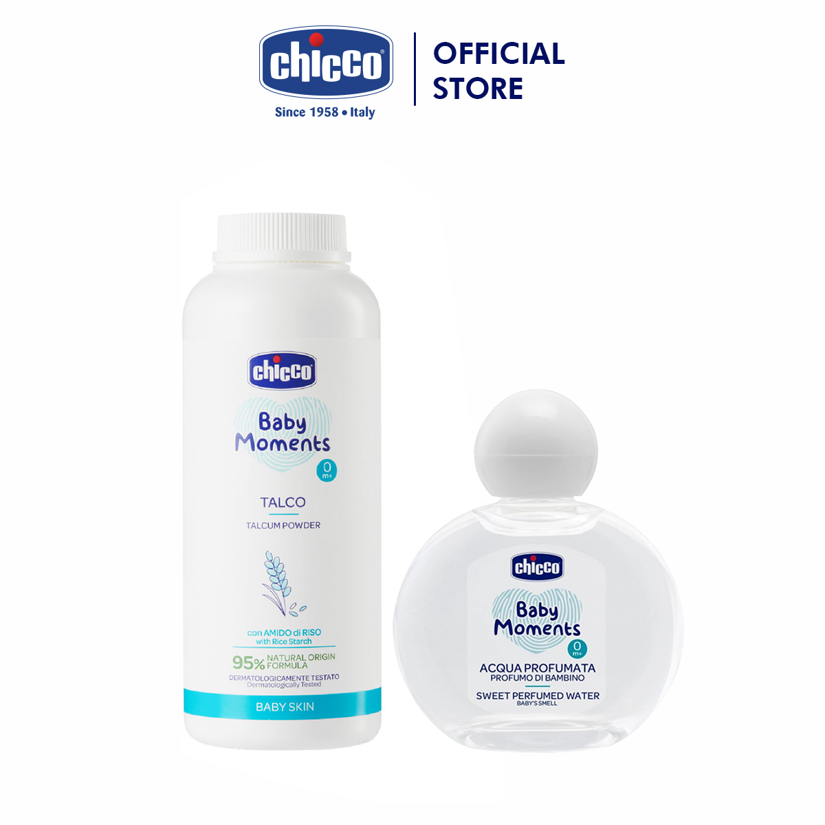 Combo Phấn rôm tinh bột Gạo Chicco + Nước hoa hương tự nhiên 0M+ Chicco