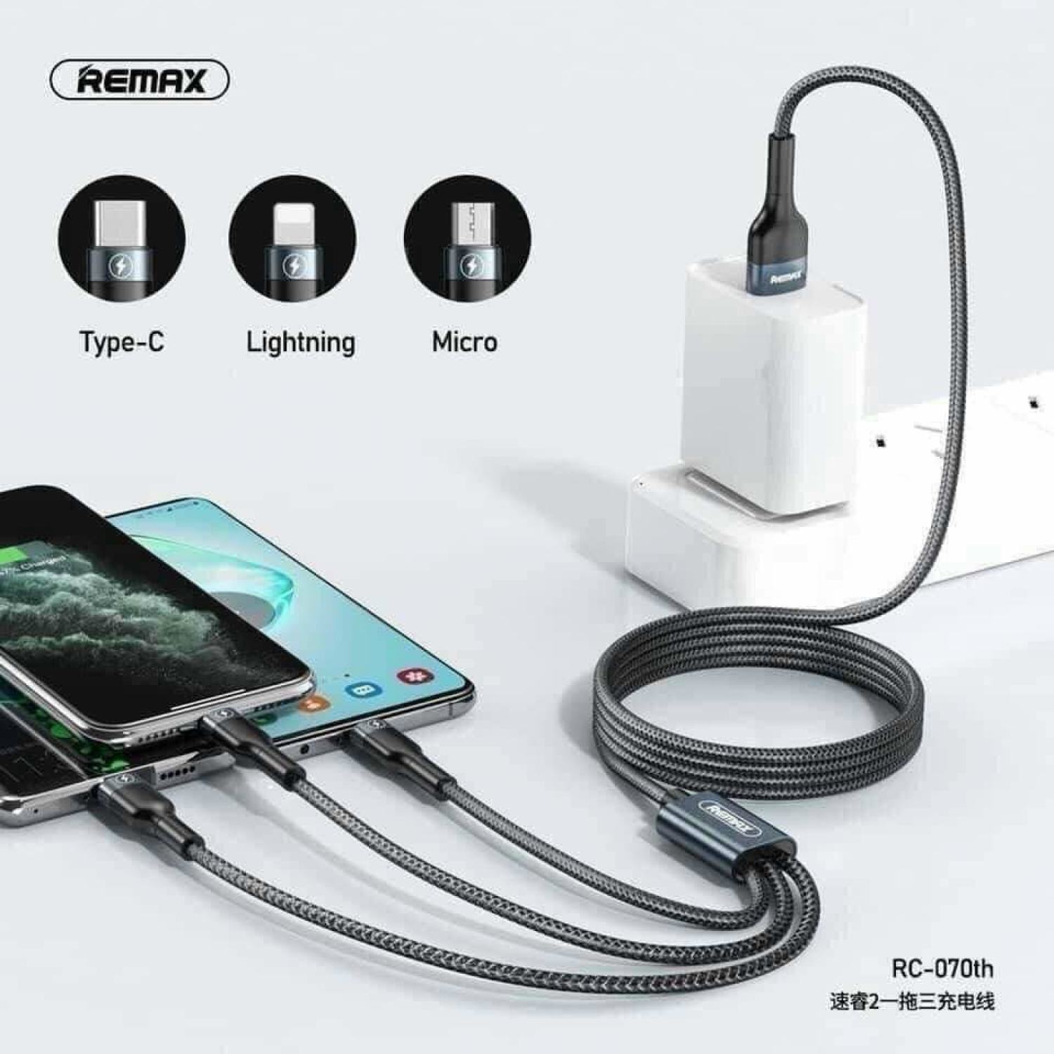 Dây cáp sạc remax 3 đầu iρhone - micro usb - type c dây dù rc-070th rc-131th