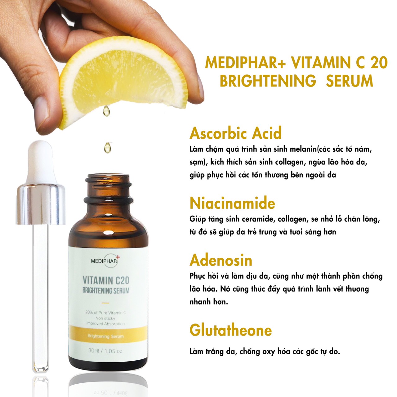 Mediphar + vitamin c20 brightening serum – tinh chất dưỡng trắng, giảm thâm nám da