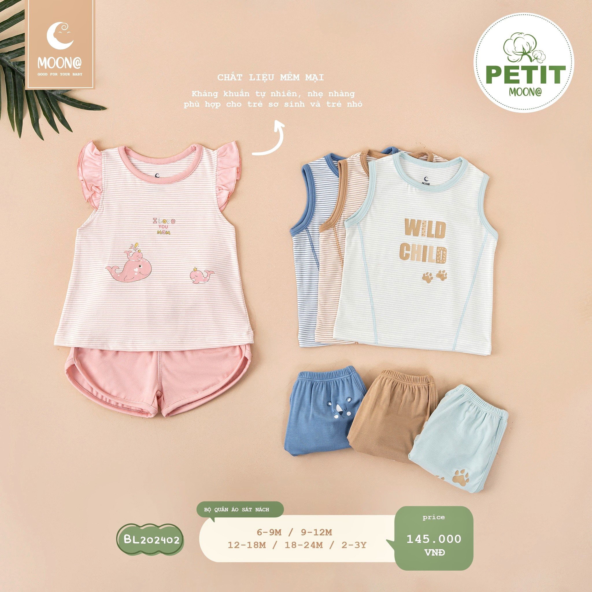 Bộ ba lỗ moon chất petit cho bé trai/bé gái