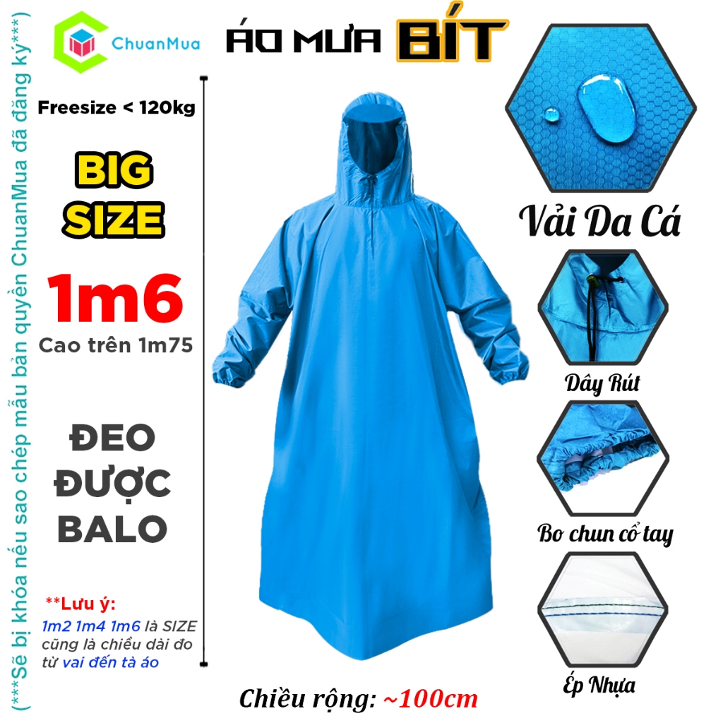 Size 1M6 Dài Áo Mưa 1 Người Vải Da Cá Chống Thấm Size 1M6 1M4 1M2 Áo Mưa Bít Có Mũ Dây Rút Hàng Xưởng Việt Nam
