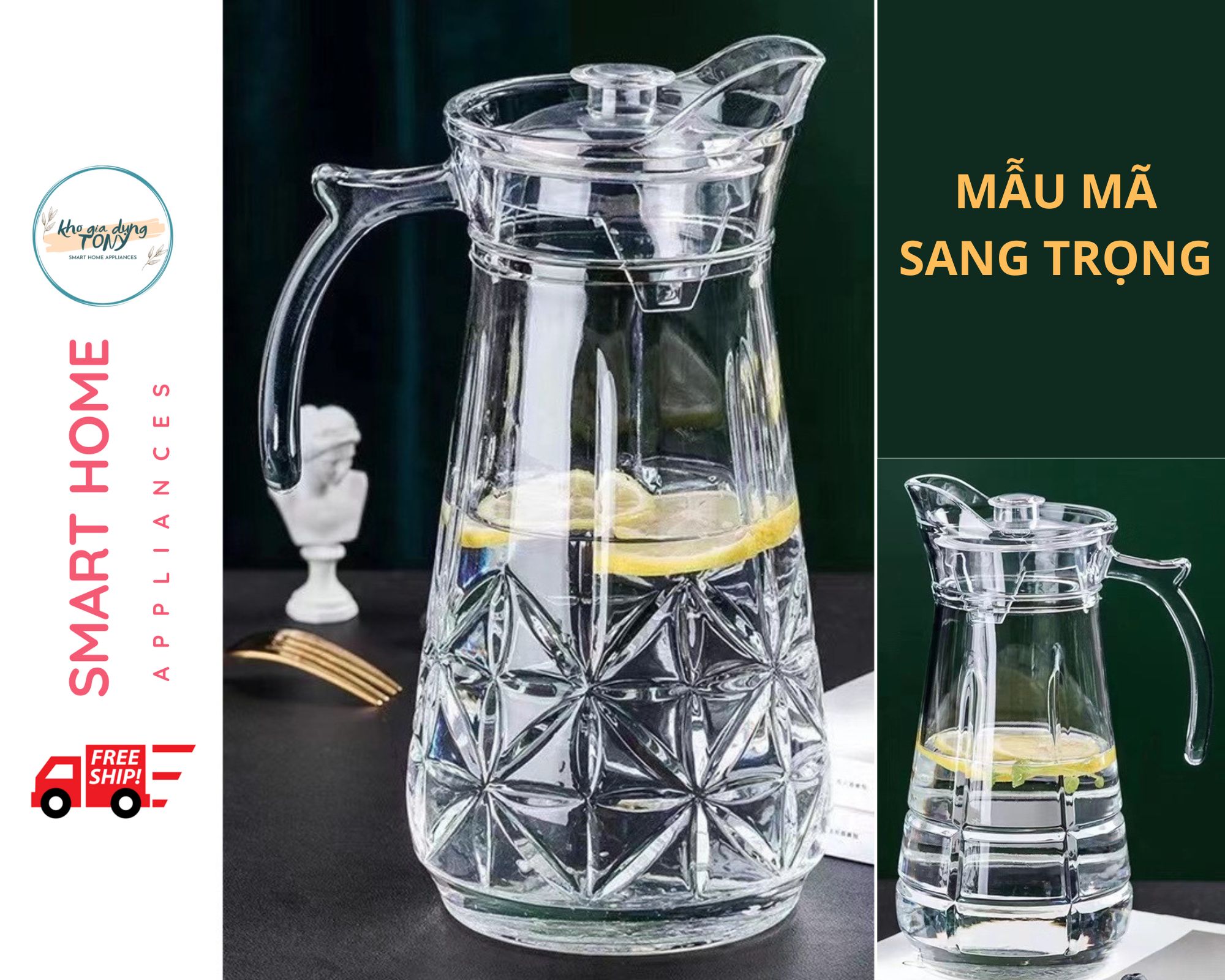 Bình Thuỷ Tinh Đựng Nước 1.7L- Hàng Thủy Tinh Loại 1, Bóng, Sáng, Đẹp, Quai Cầm Miệng Rót Hoa Văn Ph