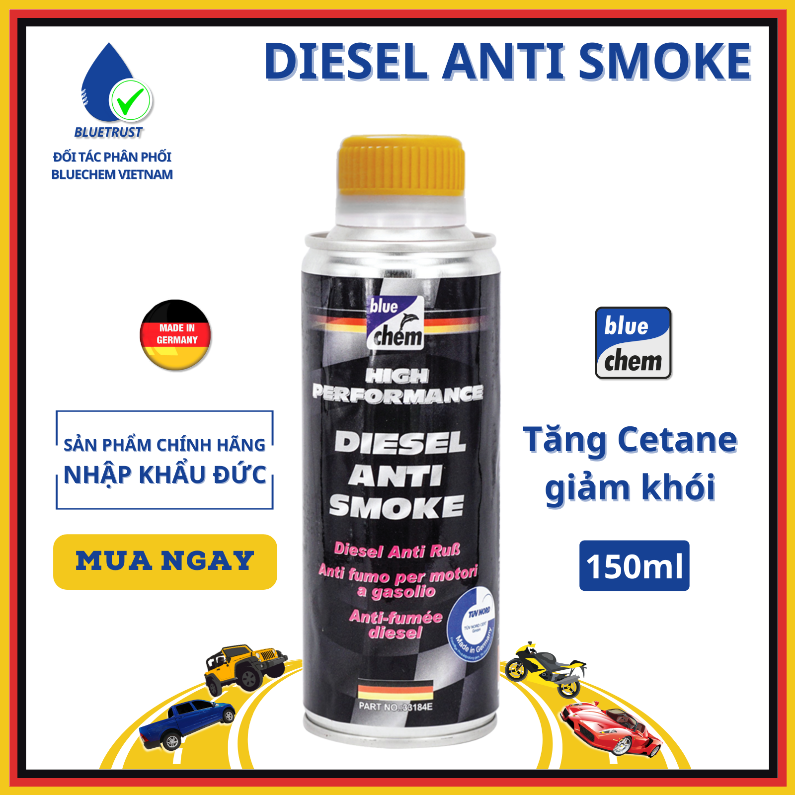 Dung dịch tăng cetane, giảm khói cho nhiên liệu dầu bluechem - diesel anti smoke - 150ml