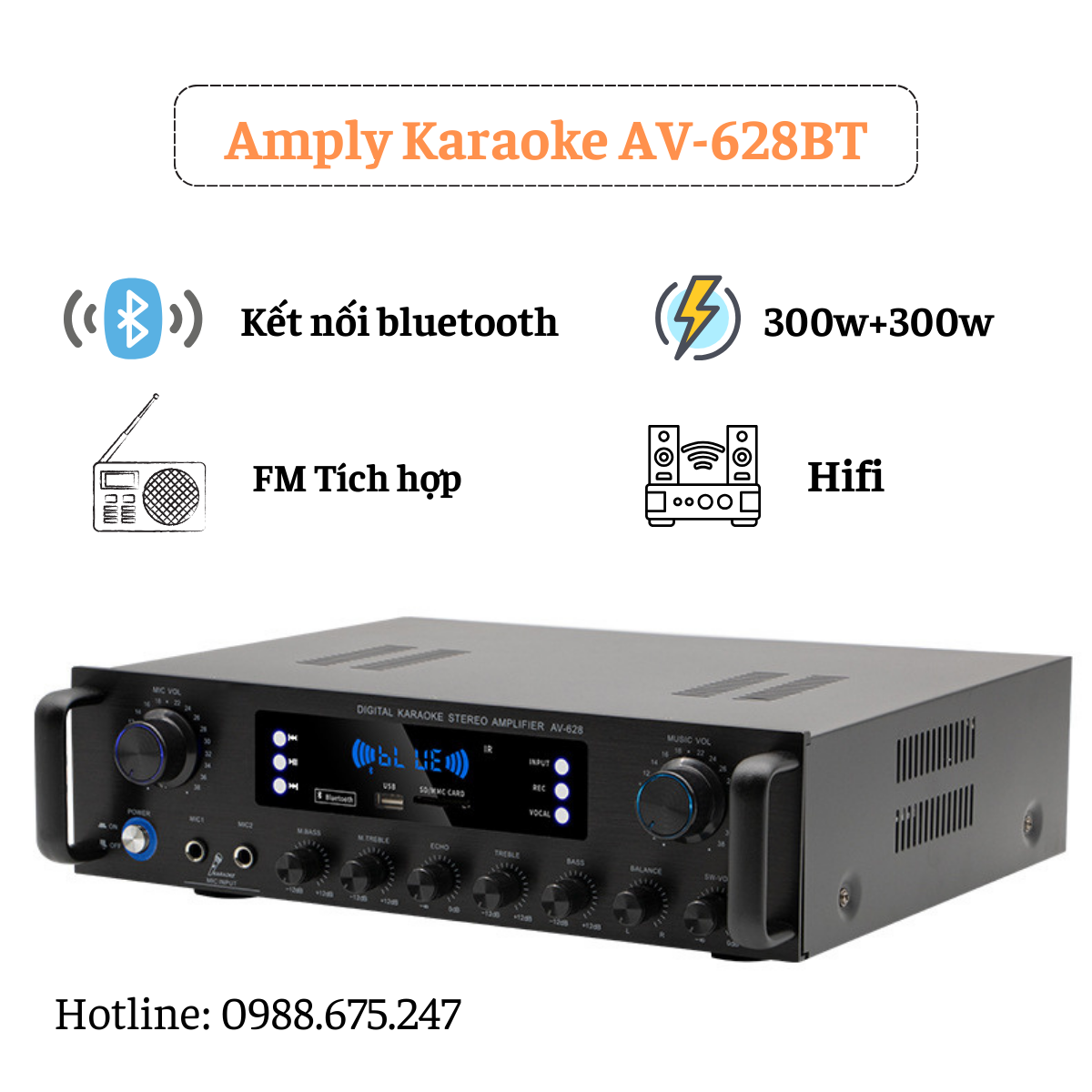 Amply Bluetooth AV 628 công suất 200W phù hợp cho cả loa siêu trầm 2.1 kênh Tích hợp đài FM có điều khiển từ xa. Bảo hành 12 tháng.