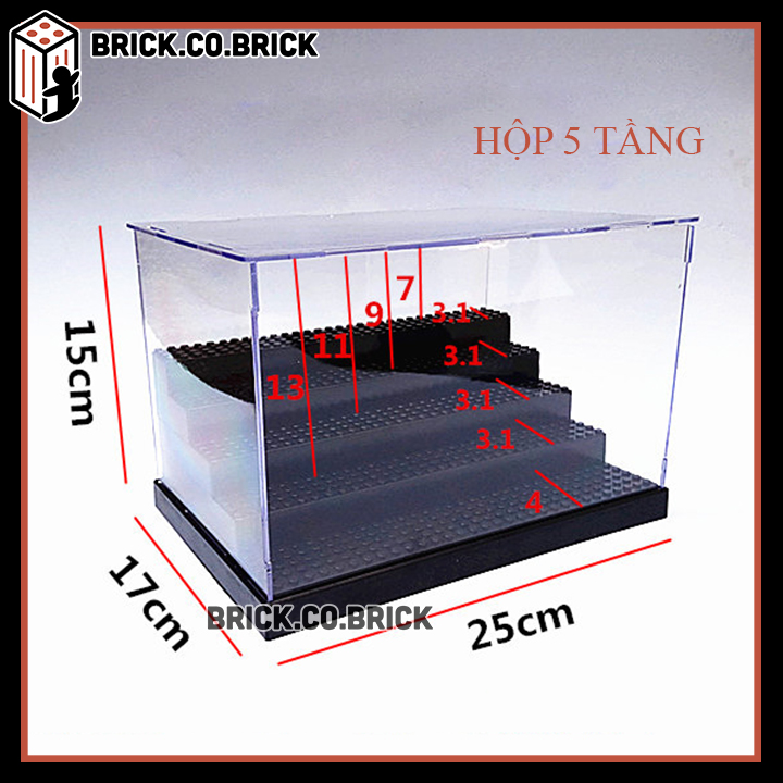 Hộp mica trưng bày  minifigures, mô hình gundam, funko pop loại 5 tầng đế nút THÁO LẮP - 5 mảnh kính rời ráp lại với nhau 2 MÀU XÁM ĐEN