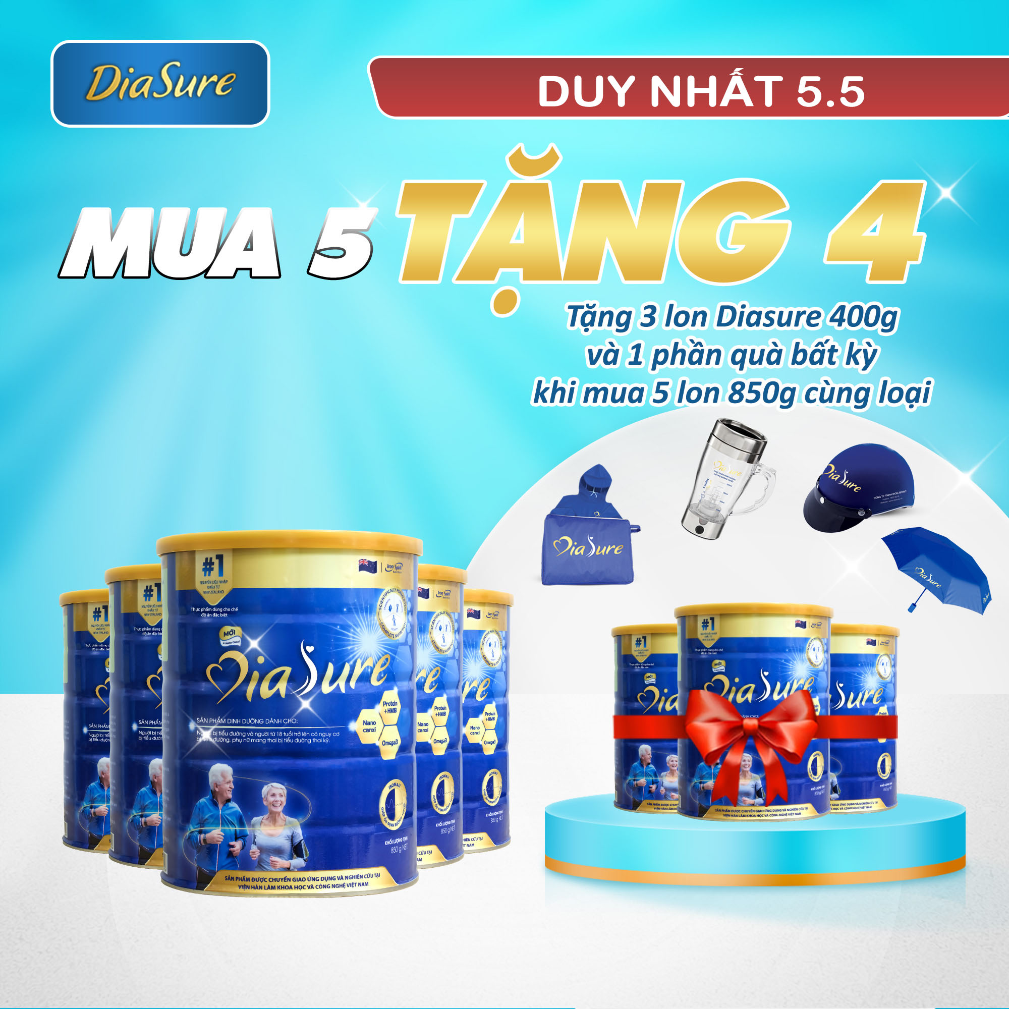 Sữa Non Diasure 850G (NEW) bổ sung thêm Nano Canxi, Omega3, Protein HMB  (Mua 5 tặng 3 hộp 450G)-Sữa dành cho người tiểu đường