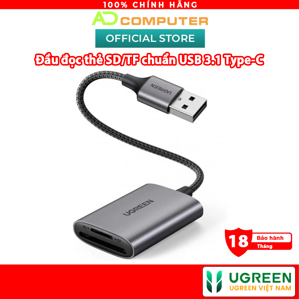 Đầu đọc thẻ sd/tf chuẩn usb 3.1 type-c ugreen 80888 vỏ nhôm cao cấp - hàng phân phối chính hãng