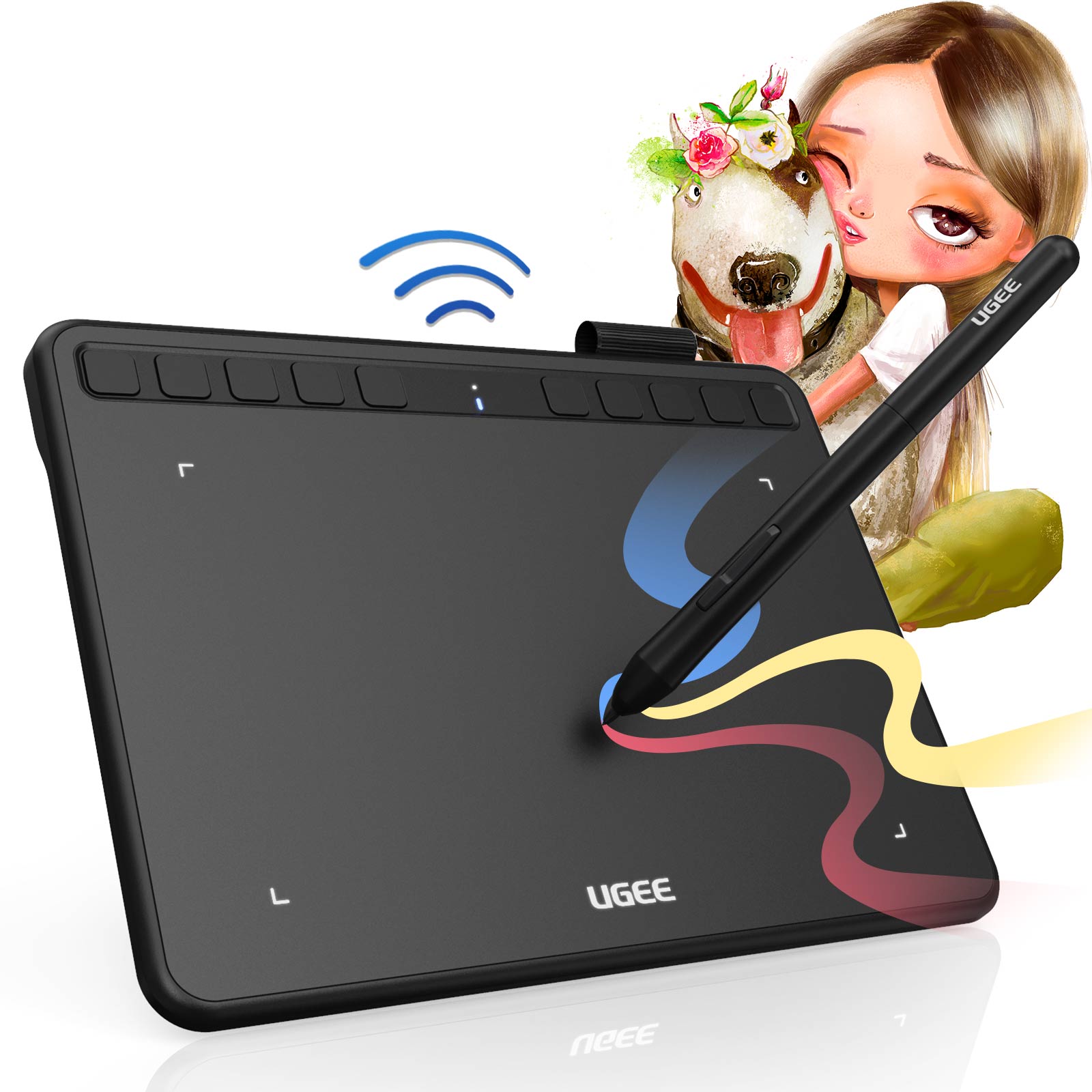 UGEE Drawing Tablet S640W Portable Digital Graphic Tablets Ultra-Thin 2.4G Wireless Digital Art Pad with Tilt Function with Customized Express Keys Battery-Free Pen for Windows Mac Linux