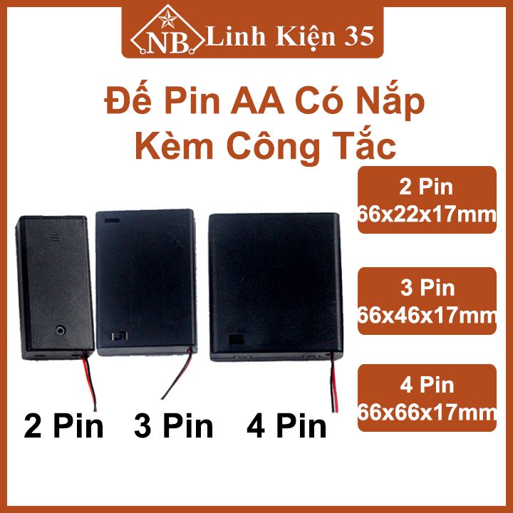 Hộp đế Pin AA có nắp kích thước 2/3/4pin kèm công tắc