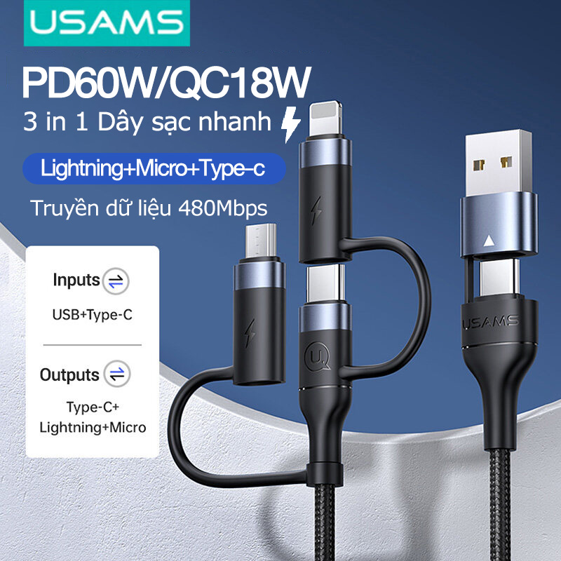 USAMS dây sạc 3 đầu sạc nhanh PD60W cáp sạc nhanh 3 trong 1 Charging Data Cable  dây sạc đa năng USB+Type-C to Lightning+Type-C+Micro Adapter For Samsung/OPPO/Vivo/Huawei/iPhone/Xiaomi