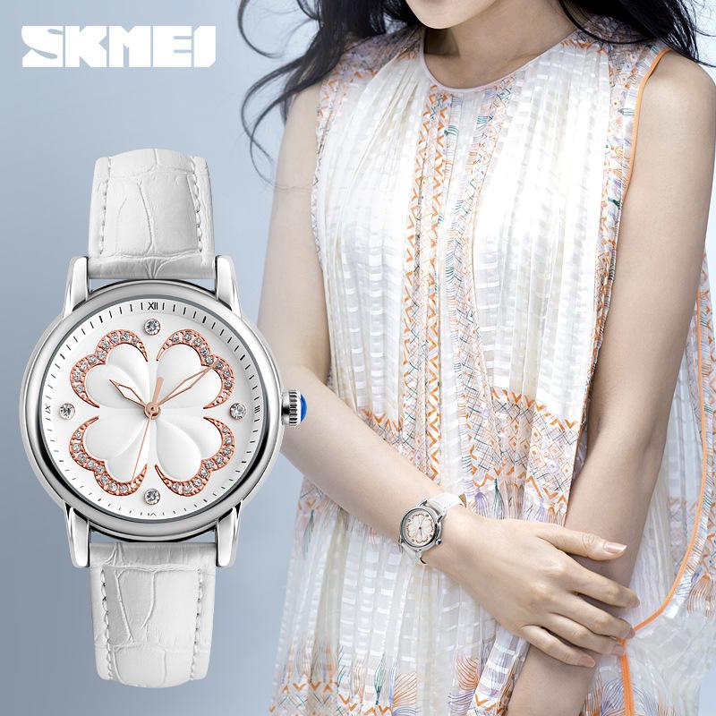 Đồng hồ nữ skmei 9159 dây da thiết kế mặt hoa - dh1002