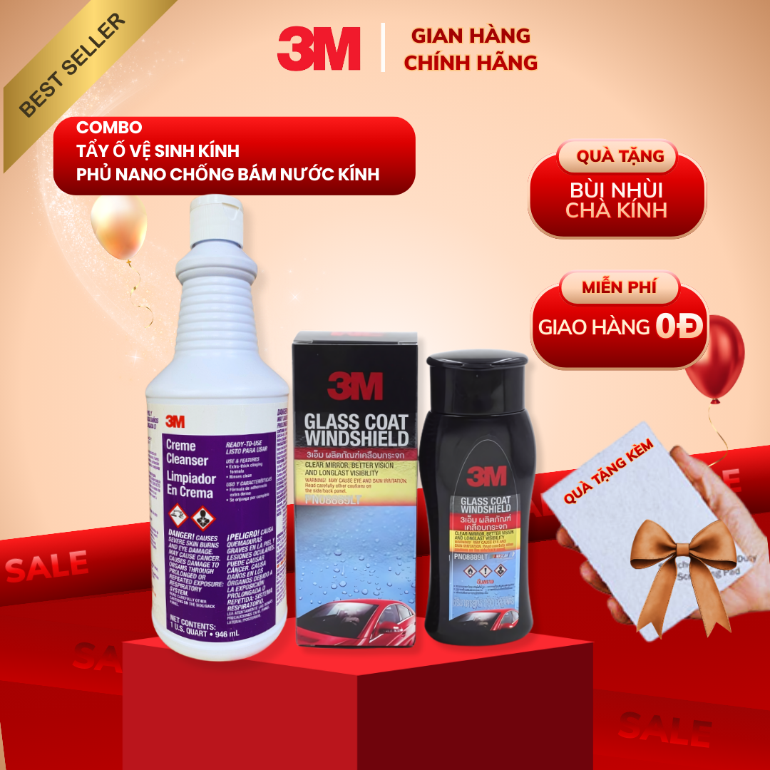 [ Tặng miếng tẩy ố không xước]  Bộ dung dịch vệ sinh kính tẩy ố, cặn canxi và chống bám nước kính 3M™ .Vệ sinh kính 2 bước tiết kiệm - hiệu quả ngay