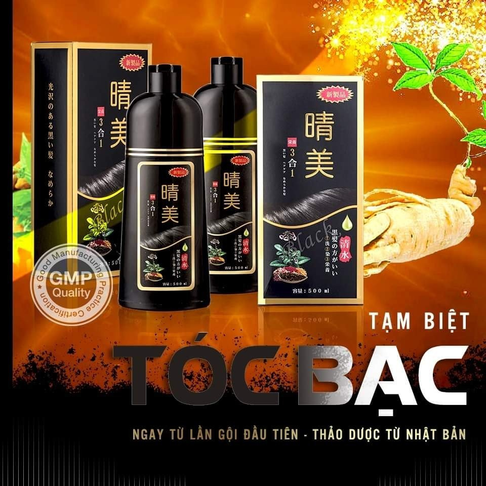 Dầu gội phủ bạc Komi Nhật Bản nhuộm tóc màu ĐEN thảo dược thiên nhiên 500ml, nhập khẩu Nhật Bản