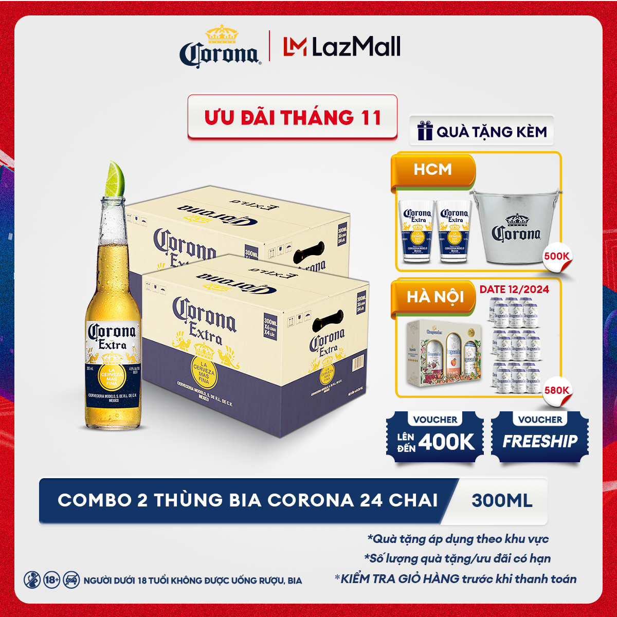 [25.11 - 29.11 VC ĐẾN 400K+FS] Combo 2 Thùng 24 Chai Bia Corona (300ml/chai)