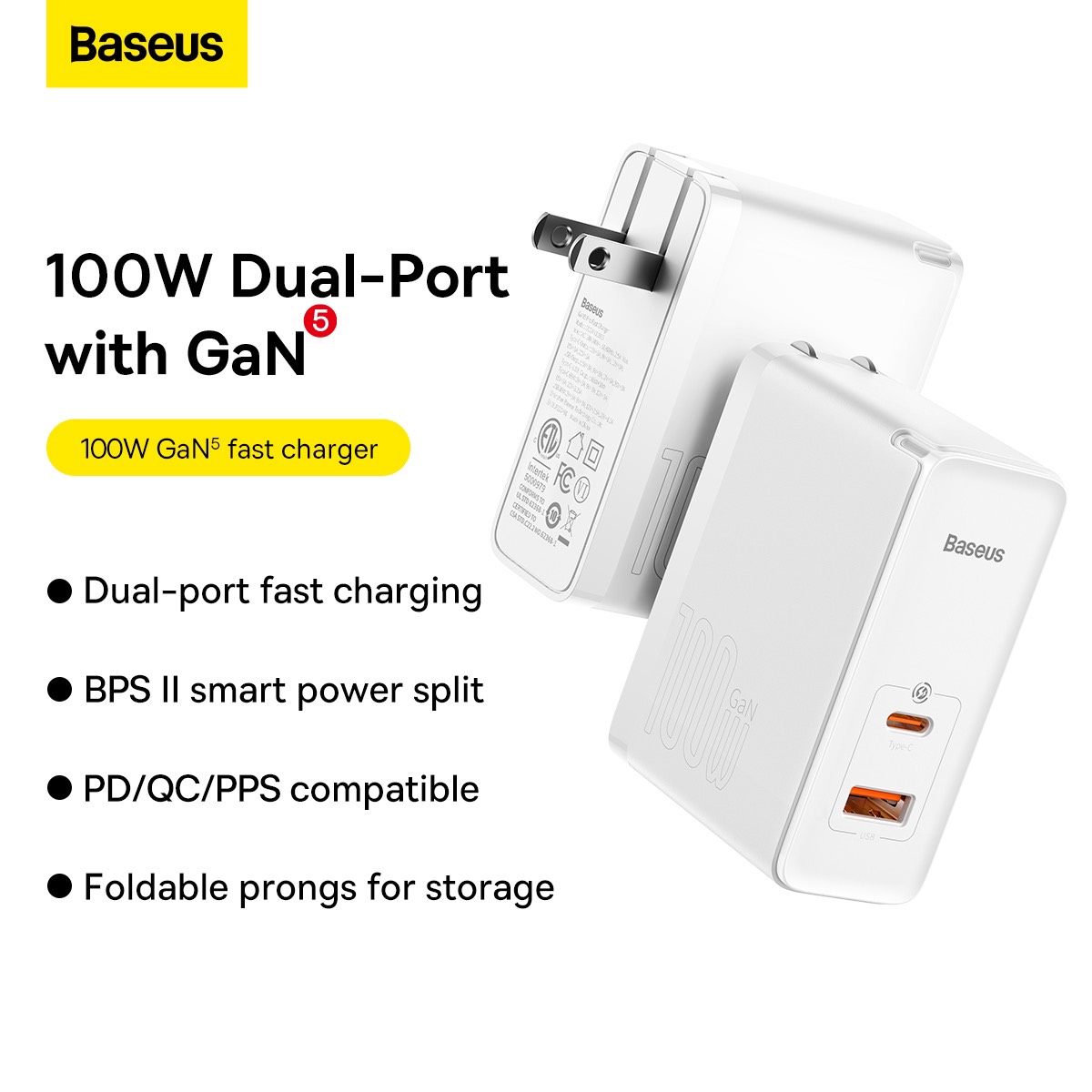 Củ sạc nhanh Baseus GaN 2 100W 2 cổng giao diện cổng USB, Type-C, sạc nhanh QC3.0, QC4.0 cho điện thoại, laptop