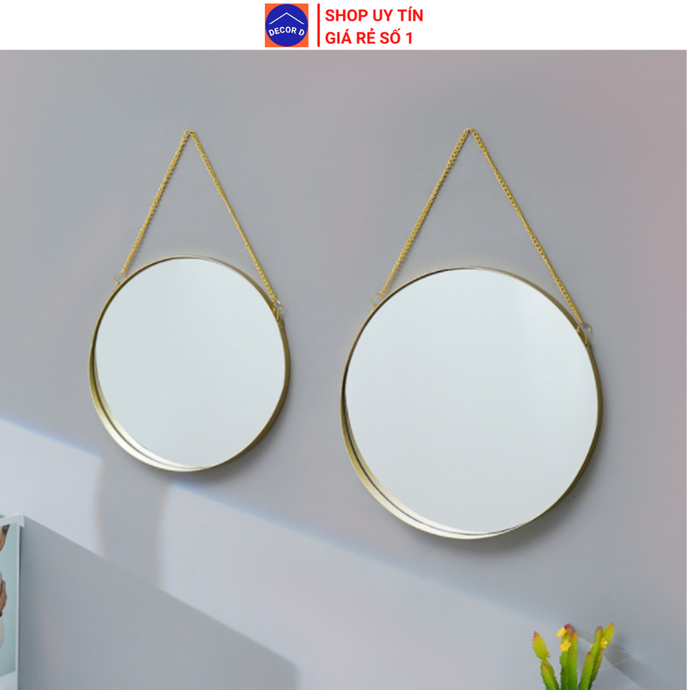 Gương treo tường, gương tròn kim loại màu mạ vàng trang trí decor nhà cửa, nhà tắm, trang điểm cao cấp