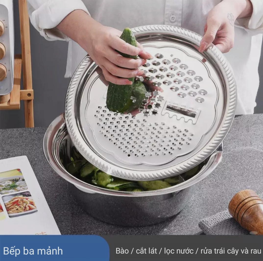 [LOẠI DÀY] Bộ dụng cụ bào rau củ đa năng 3 món 28CM- THAU + RỔ + MẶT BÁO - RỔ BÀO RAU CỦ QUẢ INOX 304 LOẠI I DÀY28CM