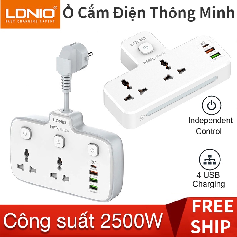 Ổ cắm đa năng ldnio sc2311 tải 2500w 2ac+ 1c+2u sạc nhanh qc3.0 pd 20w, tích hợp đèn ngủ