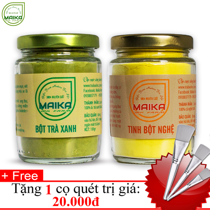 Combo Bột Trà Xanh + Tinh Bột Nghệ - Nguyên Chất MK Farm (100g/hũ) + Tặng Cọ Quét