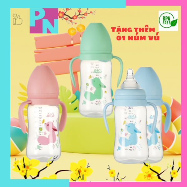 Bình sữa cổ rộng cho bé bình sữa cổ rộng Aki 180ml - 240ml - 300ml với núm vú siêu mềm, chống sặc, chống đầy hơi, không BPA