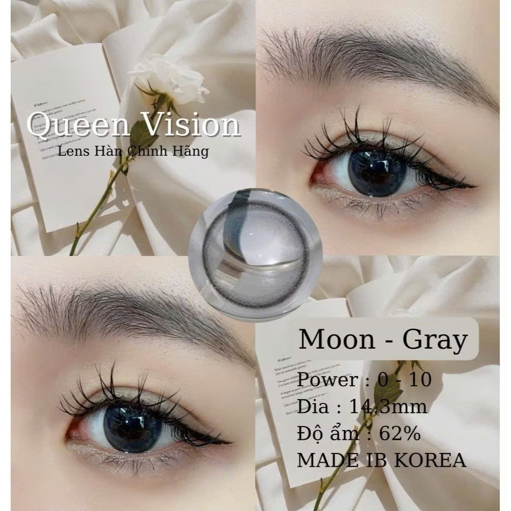 Lens 12 tháng màu xám Moon gray dùng 12h- Kính áp tròng cận đến -10.00 độ Queen Vision Hàn Quốc