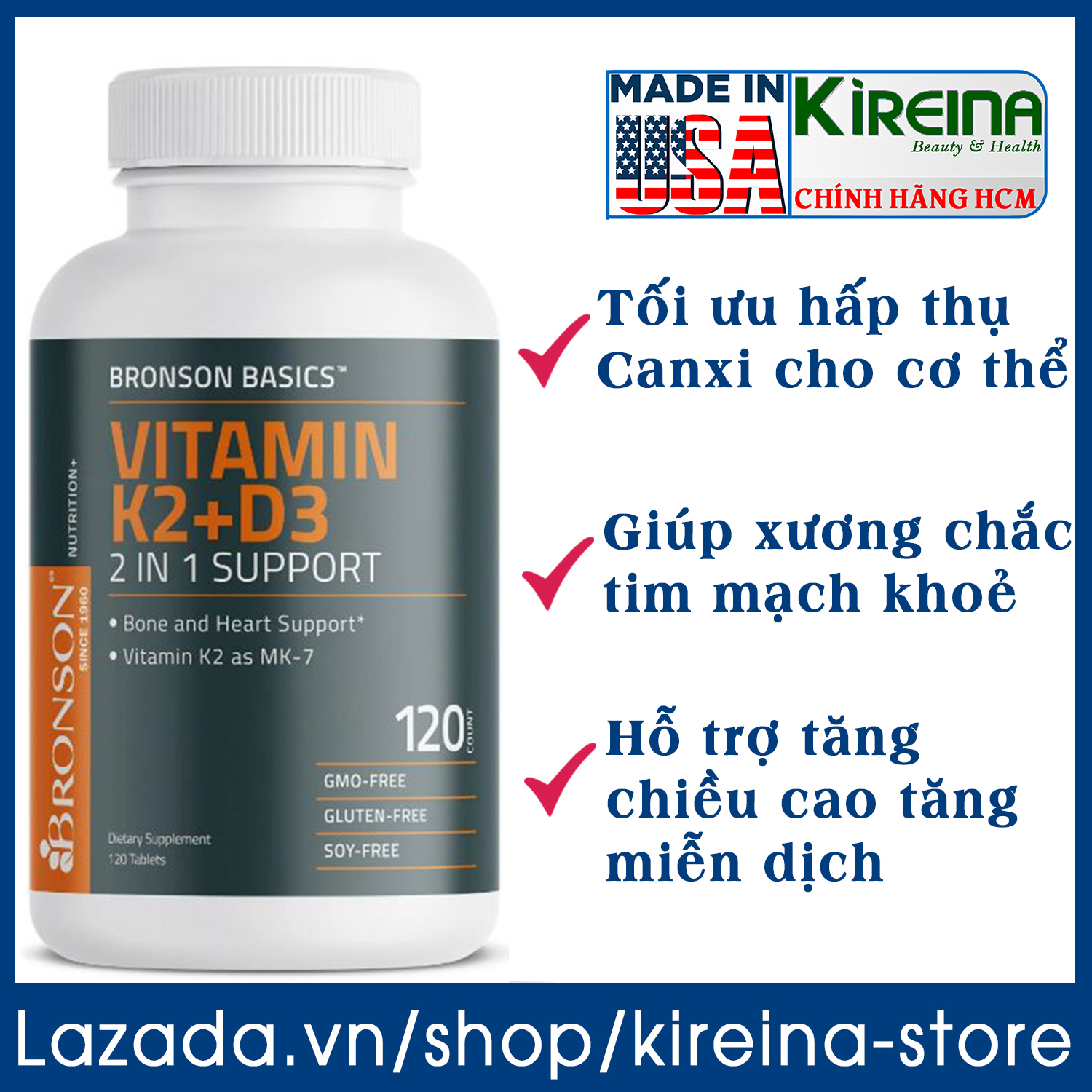 Viên uống vitamin K2 & D3 tối ưu hấp thụ canxi cho cơ thể Hỗ trợ tăng chiều cao 5000 IU D3 & 90mcg K2 (MK-7) (120/360 viên)