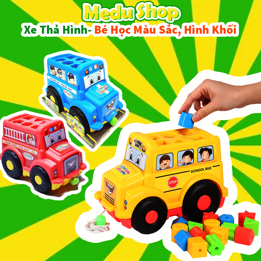 XE THẢ HÌNH MẦM NON SATO, Đồ Chơi Trẻ Em Cho Bé Từ 1 Tuổi Nhận Biết Hình Khối, Ô tô thả hình khối, Nhựa an toàn
