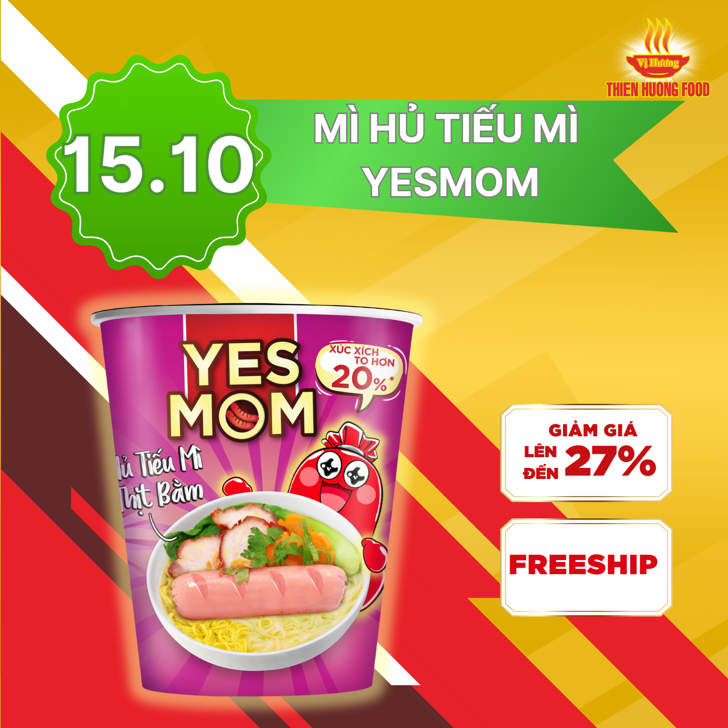 Thêm 20% Xúc Xích - Thùng 24 Ly Hủ Tiếu Mì Thịt Bằm Yes Mom Có Xúc Xích 79.2g/ly